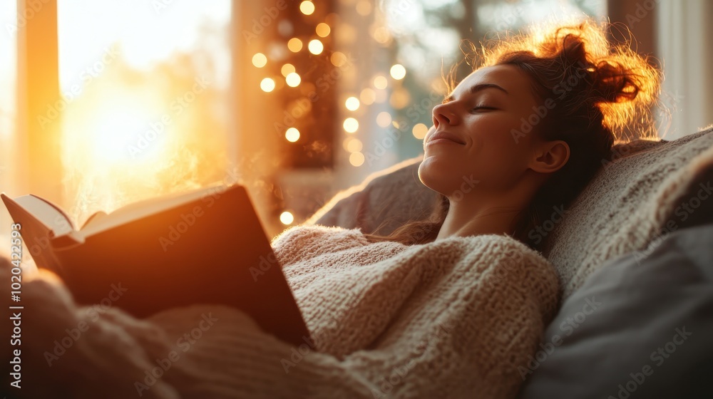 A woman relaxes in a chair, enjoying a good book with subtle happiness, surrounded by the warm glow of Christmas lights, creating a homely festive atmosphere. A woman relaxes in a chair, enjoying a good book with subtle happiness, surrounded by the warm glow of Christmas lights, creating a homely festive atmosphere.