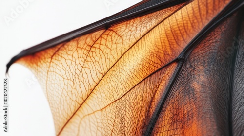 Close-up of bat wings stretched, highlighting the texture and transparency of its wing membrane on a bright white background.