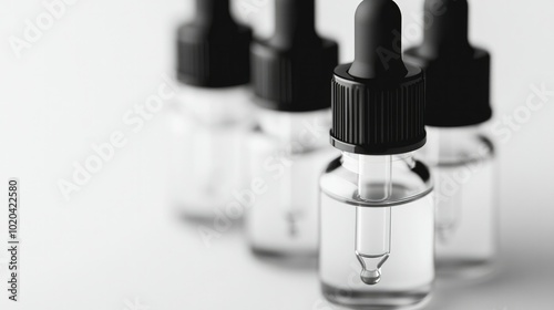 Close-up of serum bottles with droppers, small clear bottles on white background, clean and simple.