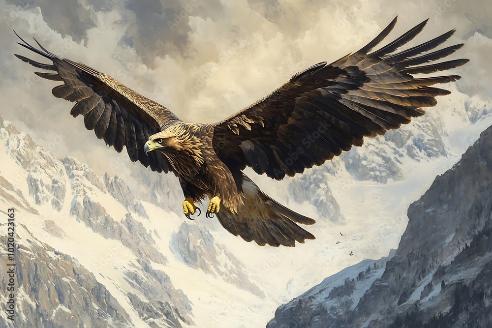 Obraz premium A majestic eagle soars over snow-capped mountains, embodying freedom and strength.