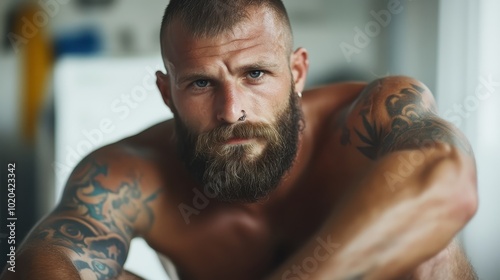 A powerful visual statement is made by a tattooed man gazing intently. His shaved head, robust beard, and intricate tattoos exude strength and individuality.