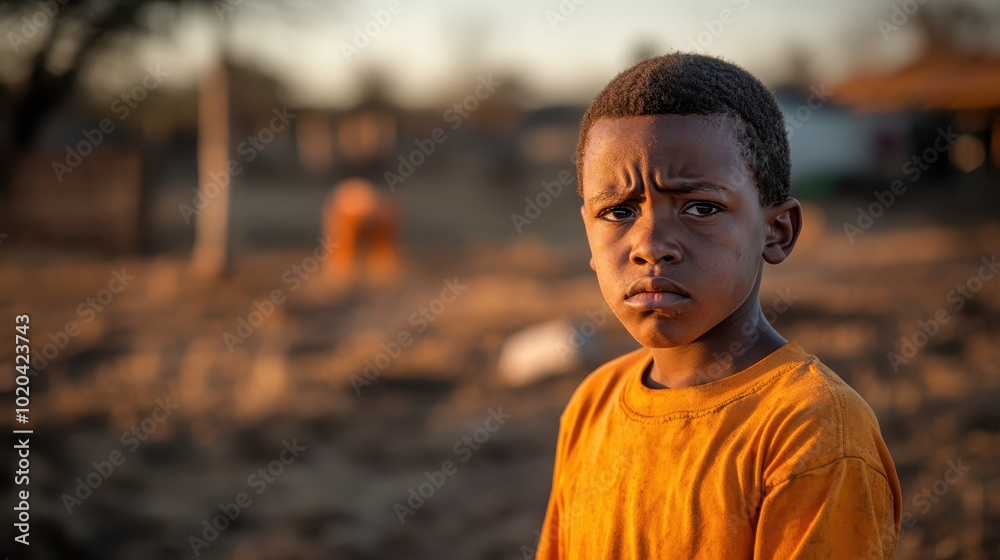 Fototapeta premium A young boy with an introspective gaze stands in a sunny field under a crystal-clear sky, arms crossed, reflecting the warmth of a tranquil and peaceful moment.