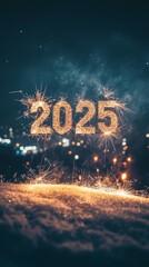 Festive 2025 sparklers glowing on a snowy surface with city lights in the background. Perfect for New Year celebrations.