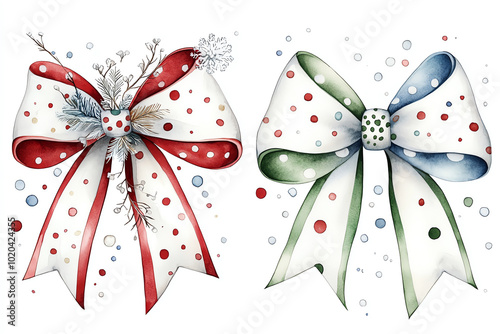 Colorful holiday bows with polka dots on a white isolated background.