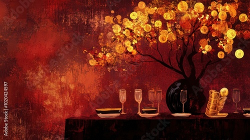 The concept of political fundraising dinners in deep burgundy and gold colors photo