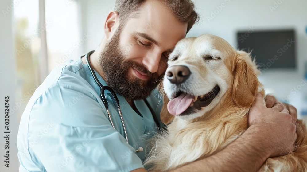In a veterinary clinic, a tender moment captures a veterinarian in scrubs hugging a content Golden Retriever, symbolizing a caring human-animal connection. In a veterinary clinic, a tender moment captures a veterinarian in scrubs hugging a content Golden Retriever, symbolizing a caring human-animal connection.