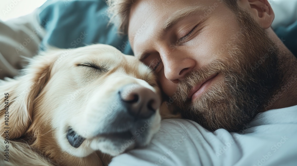 A joyful man relaxes resting his head alongside a sleeping Golden Retriever on a bed, epitomizing a tranquil bond between human and pet in harmony. A joyful man relaxes resting his head alongside a sleeping Golden Retriever on a bed, epitomizing a tranquil bond between human and pet in harmony.