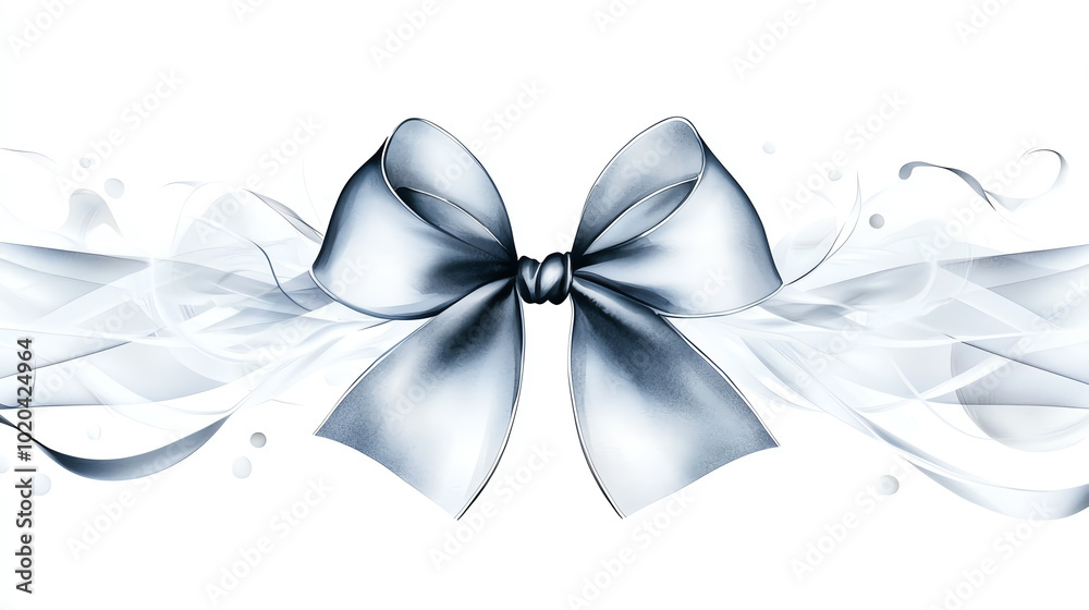 Naklejka premium Elegant silver ribbon bow with flowing silky tails on a white isolate background.