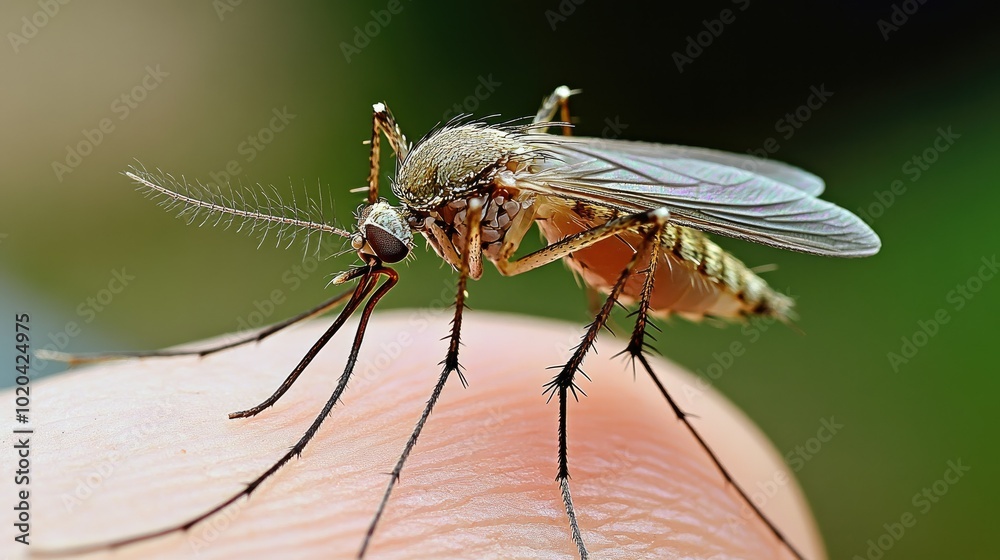 Detailed shot of a mosquito perched on a finger, wings visible, highlighting its tiny legs and proboscis. Detailed shot of a mosquito perched on a finger, wings visible, highlighting its tiny legs and proboscis.