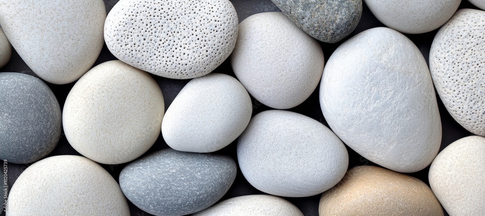 Closeup of a Variety of Smooth, White, Tan, and Grey Stones, Arranged in a Flat Composition Closeup of a Variety of Smooth, White, Tan, and Grey Stones, Arranged in a Flat Composition