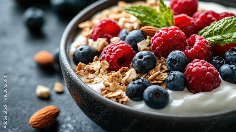 A delicious yogurt bowl topped with mixed berries, granola, almonds, and a mint leaf, offering a nutritious and aesthetically pleasing breakfast option. A delicious yogurt bowl topped with mixed berries, granola, almonds, and a mint leaf, offering a nutritious and aesthetically pleasing breakfast option.