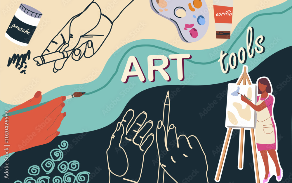 Obraz premium Collage art tools, workshop, fine art, vector flat illustration, people characters, art supplies, background, illustration, template, layout, decorative, element, collection. Hand drawn design.