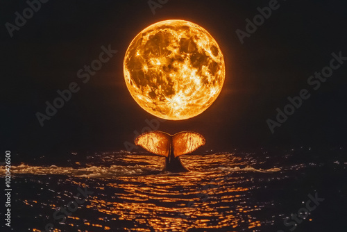 Whale Tail Under a Blood Moon: A majestic whale's tail breaks the surface of the ocean, silhouetted against a vibrant blood moon, creating a captivating scene of celestial beauty and raw power. 