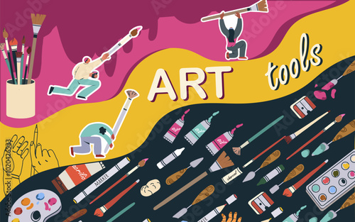 Collage art tools, workshop, fine art,  vector flat illustration, people characters, art supplies, background,  illustration, template, layout, decorative, element, collection. Hand drawn design.