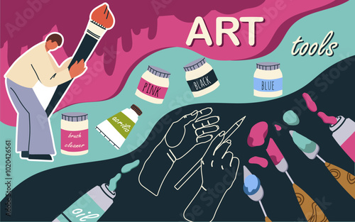 Collage art tools, workshop, fine art,  vector flat illustration, people characters, art supplies, background,  illustration, template, layout, decorative, element, collection. Hand drawn design.