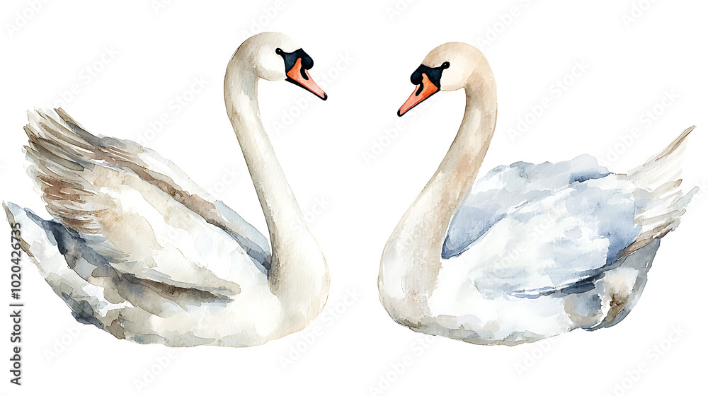 Obraz premium A collection of elegant swans hand-painted in soft watercolor style, showing various poses of the birds on white background