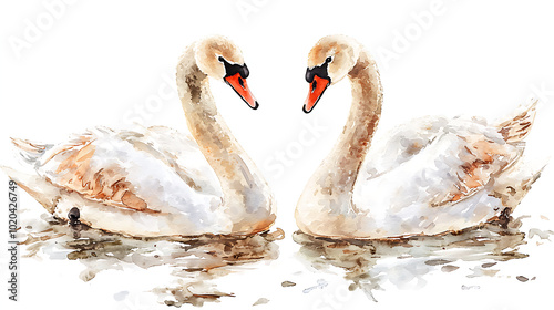 A collection of elegant swans hand-painted in soft watercolor style, showing various poses of the birds on white background photo