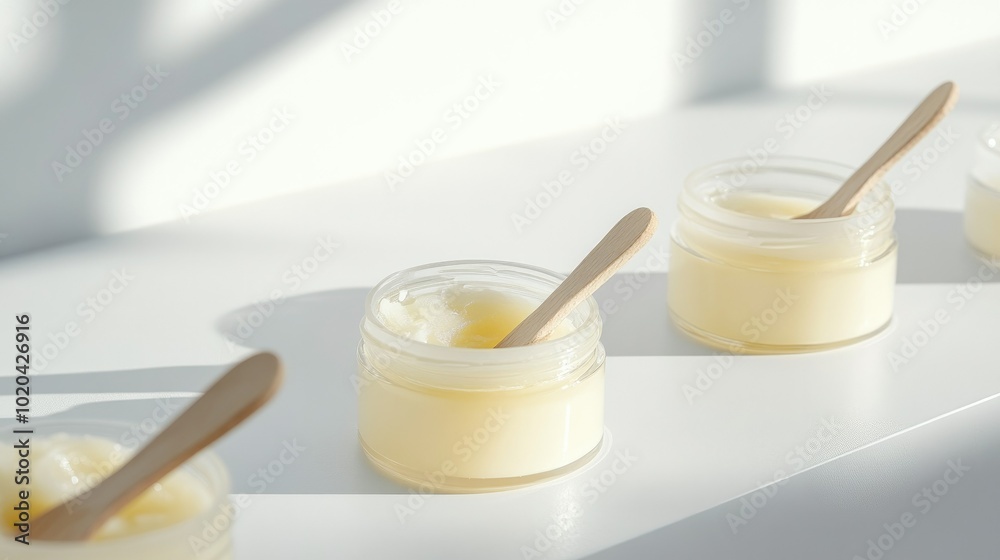 Glass jars of face cream with wooden spatulas, emphasizing natural ingredients on a white surface. Glass jars of face cream with wooden spatulas, emphasizing natural ingredients on a white surface.