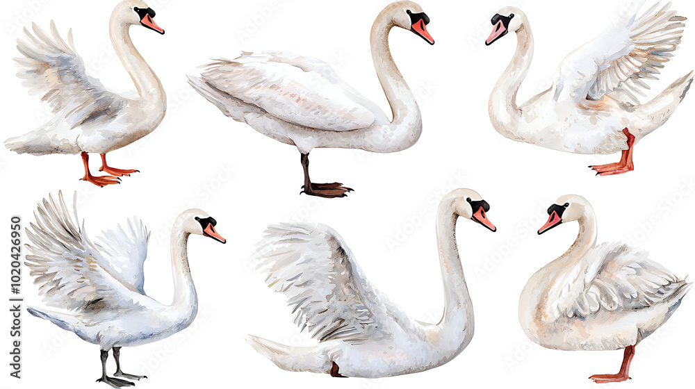 Obraz premium A collection of elegant swans hand-painted in soft watercolor style, showing various poses of the birds on white background