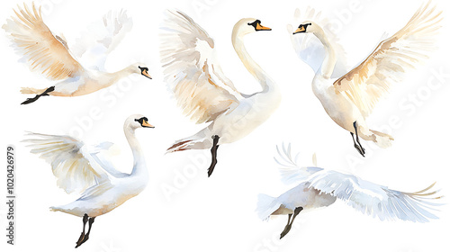 Fototapeta Naklejka Na Ścianę i Meble -  A collection of elegant swans hand-painted in soft watercolor style, showing various poses of the birds on white background