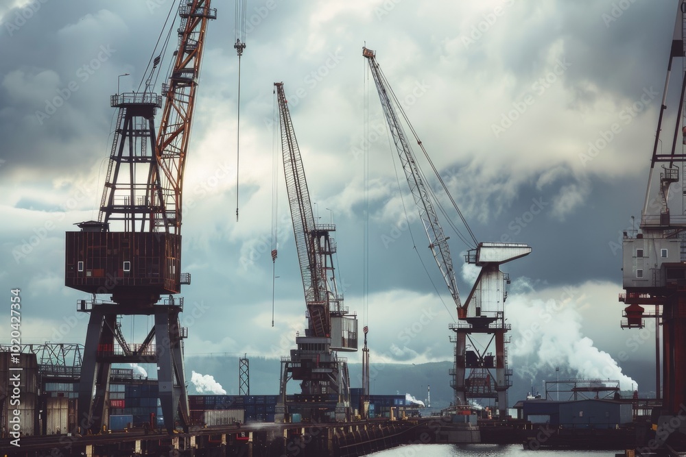 Towering industrial cranes loom over a busy harbor, framed by dramatic clouds and a bustling cityscape, highlighting modern urban industry. Towering industrial cranes loom over a busy harbor, framed by dramatic clouds and a bustling cityscape, highlighting modern urban industry.
