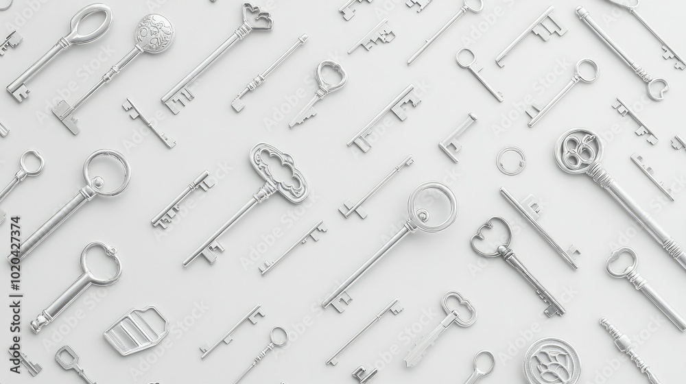 Group of assorted keys of various shapes and sizes scattered on a clean white surface. Group of assorted keys of various shapes and sizes scattered on a clean white surface.