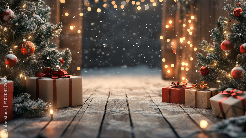 A festive winter scene with Christmas trees, snow, and beautifully wrapped presents, evoking holiday spirit and joy. A festive winter scene with Christmas trees, snow, and beautifully wrapped presents, evoking holiday spirit and joy.