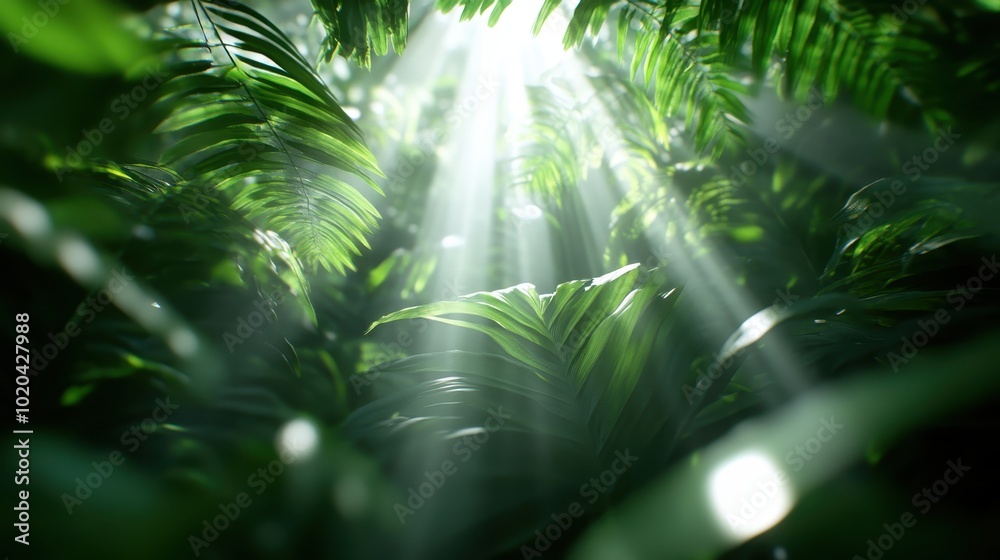 Bright sun rays seep through lush tropical leaves, casting intricate patterns of light and shadow, capturing nature's art and the allure of mystery and allure.