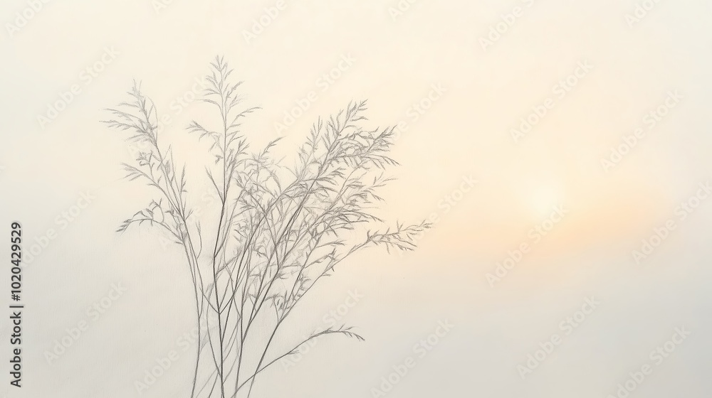 Delicate grass silhouettes against a soft sunrise in a misty landscape, evoking calmness Delicate grass silhouettes against a soft sunrise in a misty landscape, evoking calmness