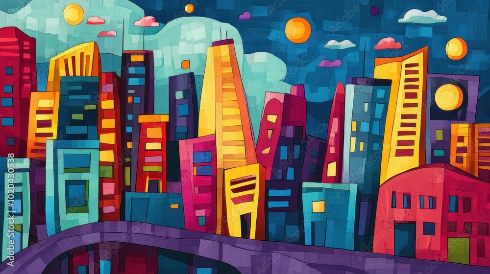 custom made wallpaper toronto digitalA modern city landscape made of colorful, abstract geometric shapes, representing buildings and streets in a fun, cartoonish drawing style