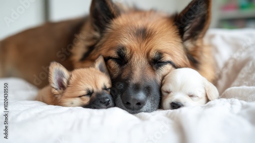 A heartwarming scene of a large dog nestled between two tiny puppies, all peacefully sleeping together on a comfortable, fluffy white bedspread. photo