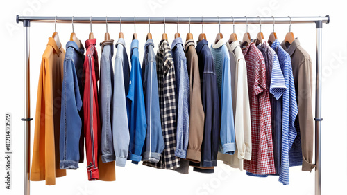 A clothing rack displays a diverse wardrobe of colorful shirts and tops.