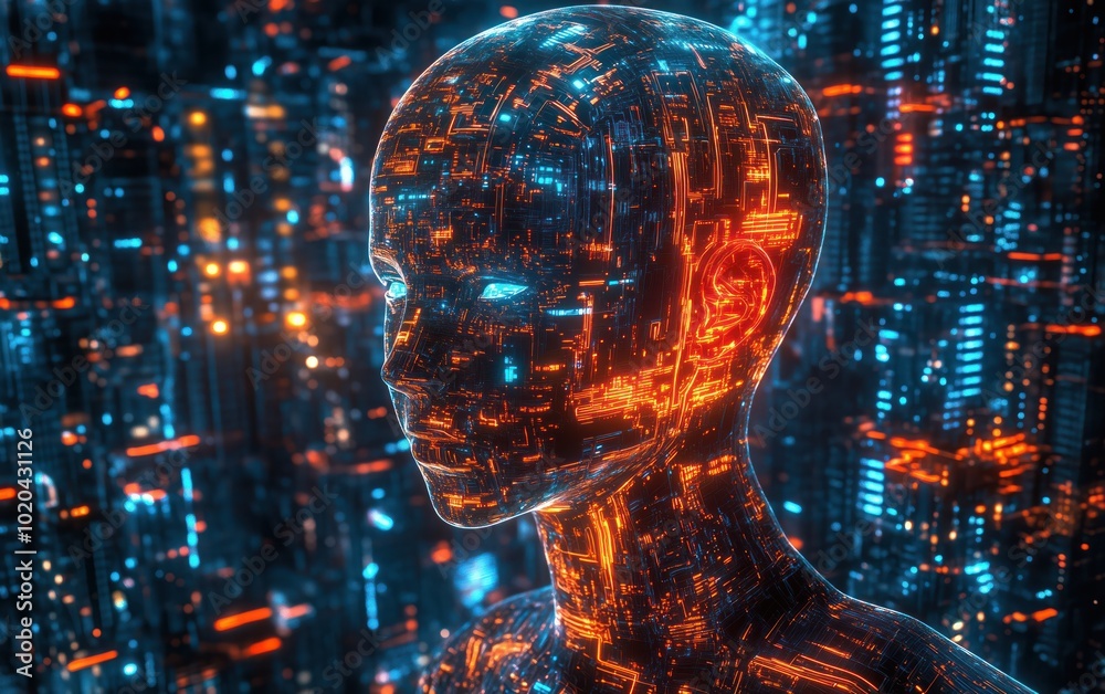 Futuristic Digital Human Head With Glowing Circuitry Futuristic Digital Human Head With Glowing Circuitry