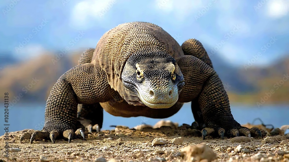 Obraz premium A close-up of a Komodo dragon on a rocky surface near water.