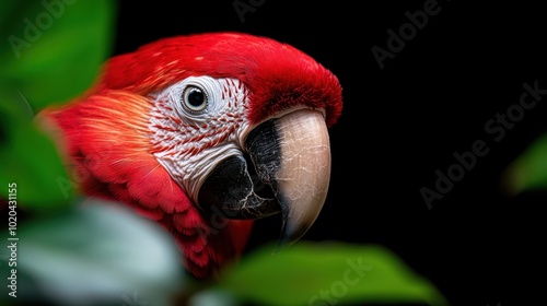 A macaw peers through lush green leaves, displaying bold red and blue plumage. The image captures the tropical essence and curiosity of the magnificent bird. photo