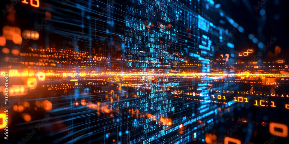 Naklejka premium Abstract digital data flow with glowing binary code elements.