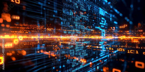 Abstract digital data flow with glowing binary code elements.