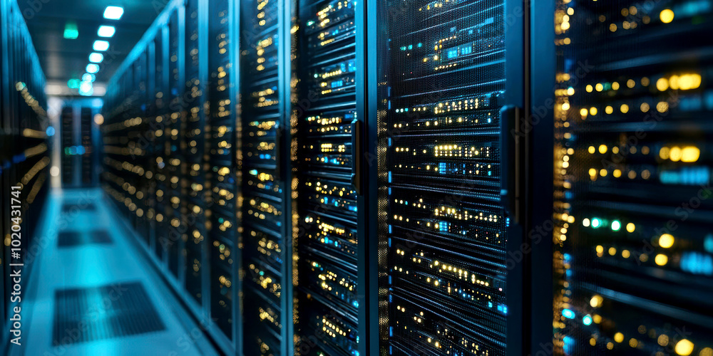 Data center with rows of servers, blue lighting effects Data center with rows of servers, blue lighting effects