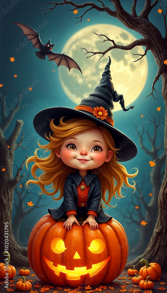a little witch sits on a pumpkin with a full moon behind her - 17 - Halloween Greeting Card Poster E-card Trick or Trink
a little witch sits on a pumpkin with a full moon behind her - 17 - Halloween Greeting Card Poster E-card Trick or Trink