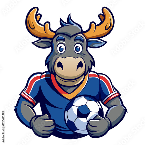 Moose Mascot: A friendly cartoon moose mascot in a blue and red soccer jersey, holding a soccer ball with a big smile.  Perfect for team spirit, sports, and fun.  photo