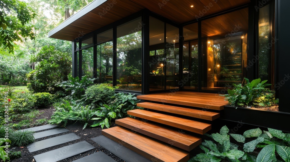 Stunning wooden steps lead up to a sleek modern glass house, surrounded by vibrant lush greenery and diffused sunlight, creating a serene architectural escape. Stunning wooden steps lead up to a sleek modern glass house, surrounded by vibrant lush greenery and diffused sunlight, creating a serene architectural escape.