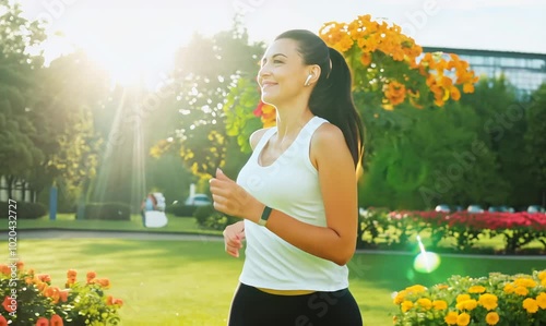 Mexican Woman Jogging in Park with Headphones
