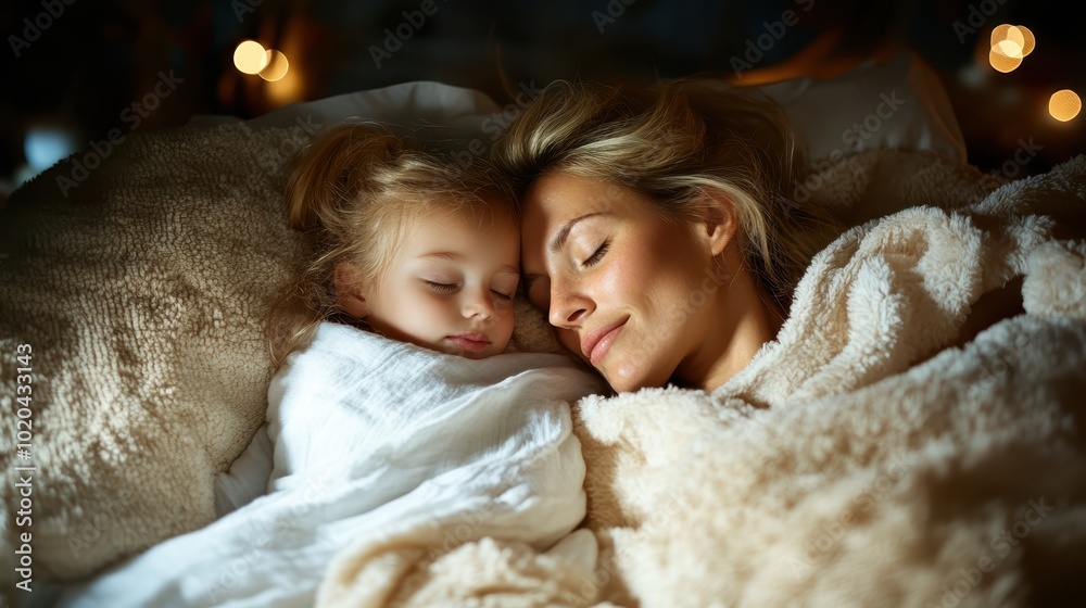 In a peaceful night setting, a mother envelops her sleeping daughter in warmth and security, symbolizing unconditional love and the serenity of family bonds. In a peaceful night setting, a mother envelops her sleeping daughter in warmth and security, symbolizing unconditional love and the serenity of family bonds.