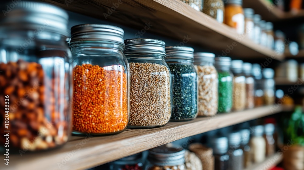 A neat arrangement of glass jars on wooden shelves filled with a variety of grains and seeds, presenting an organized and colorful assortment symbolic of abundance.