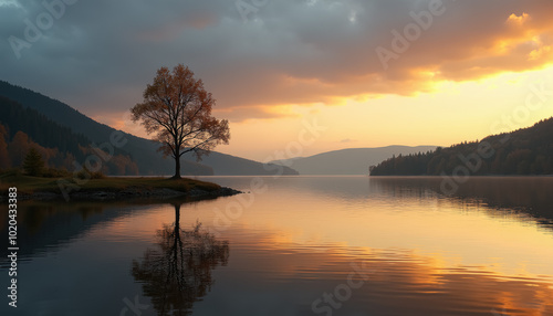 Solitary tree at sunset on a lake