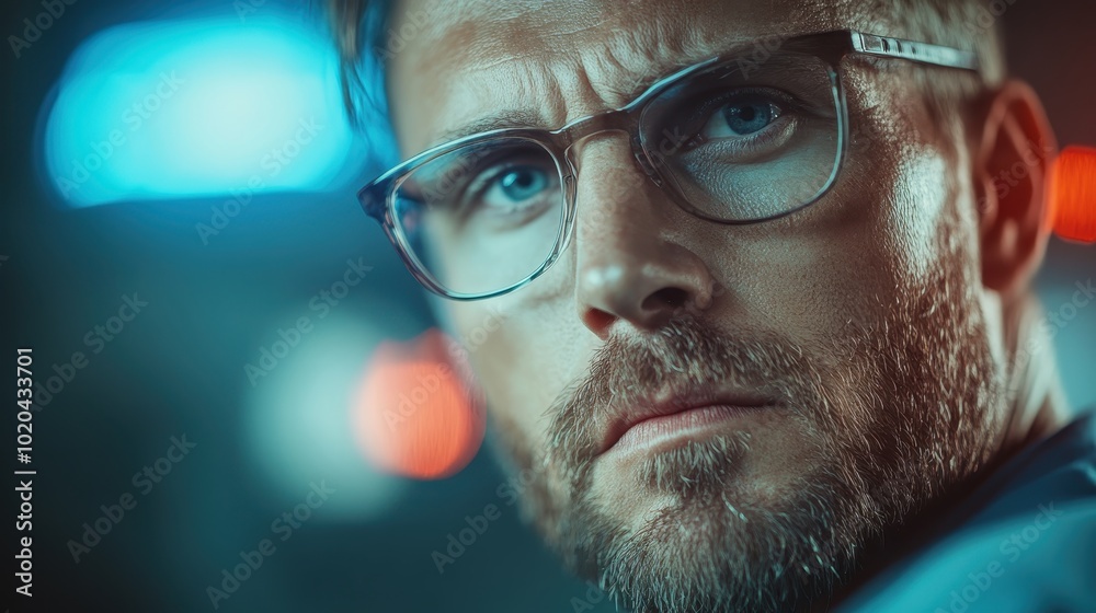 A bearded man wearing glasses looks serious as colorful lights illuminate him in a dramatic setting, capturing focus and intensity with sharp clarity. A bearded man wearing glasses looks serious as colorful lights illuminate him in a dramatic setting, capturing focus and intensity with sharp clarity.