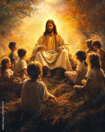 Jesus Sitting on a Hill Surrounded by Children