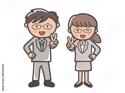 笑顔でピースをする若い男女ビジネスマンのイラスト_メガネ男子とメガネ女子