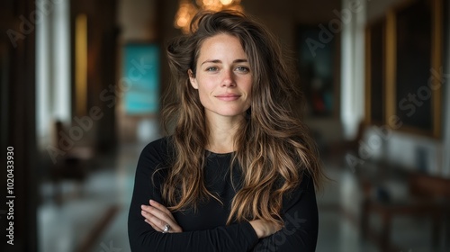 In an elegant hallway, a woman stands with her arms crossed, exuding confidence and a subtle charm, flanked by classic decor elements and soft lighting.