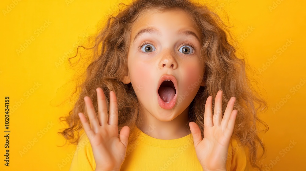 A young girl shows a wide-eyed expression of surprise, dressed in a cozy yellow sweater, with hands raised to her face, conveying astonishment and delight.